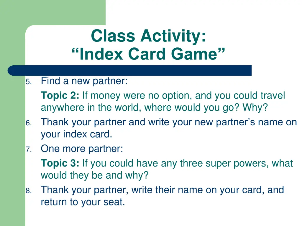 class activity index card game 1