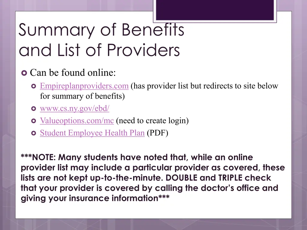 summary of benefits and list of providers