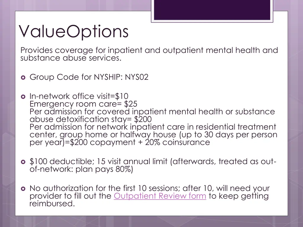 valueoptions provides coverage for inpatient