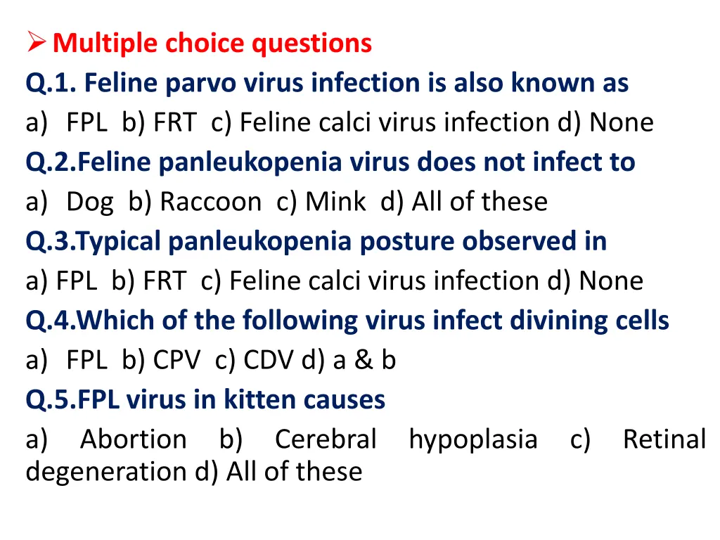multiple choice questions q 1 feline parvo virus