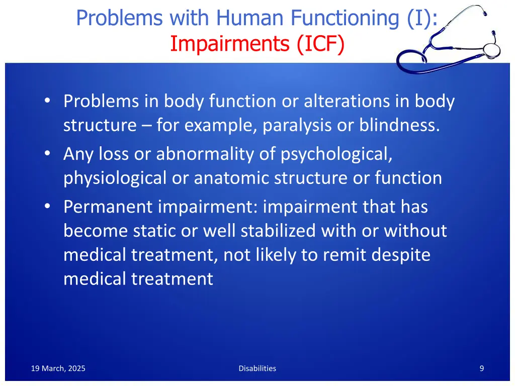 problems with human functioning i impairments icf