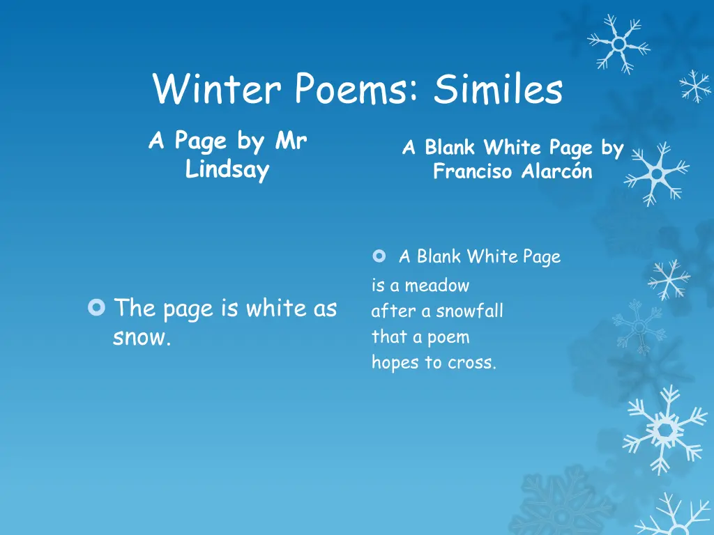 winter poems similes a page by mr lindsay