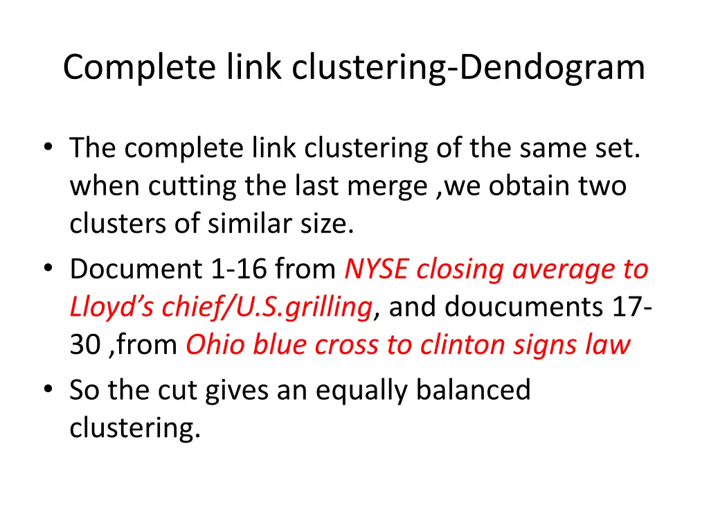 complete link clustering dendogram