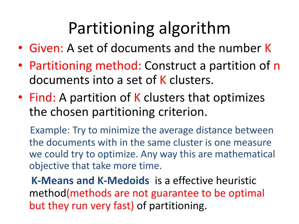 partitioning algorithm given a set of documents