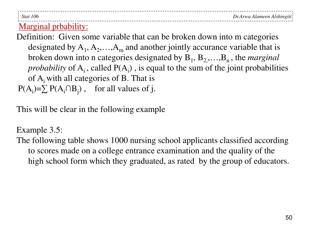 stat 106 marginal prbability definition given