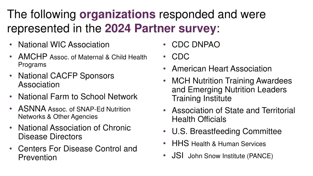 the following organizations responded and were