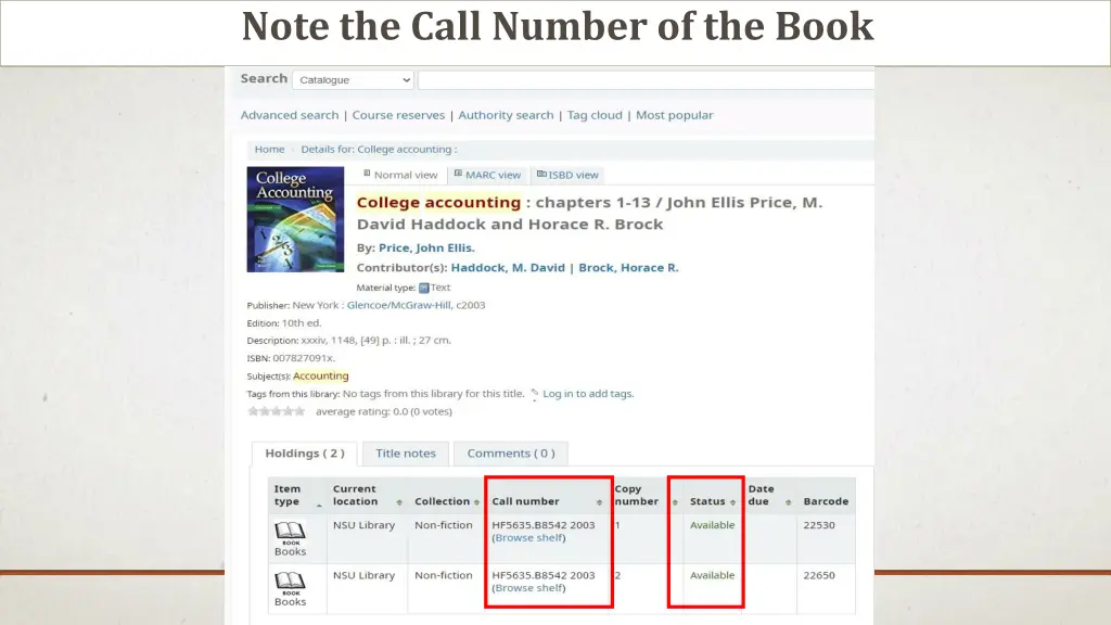 note the call number of the book