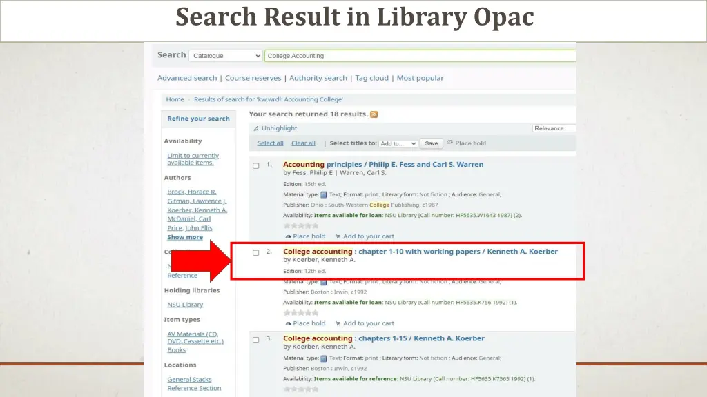 search result in library opac
