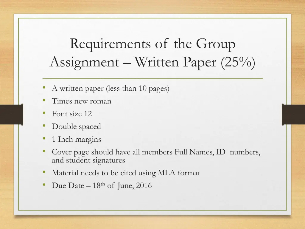 requirements of the group assignment written