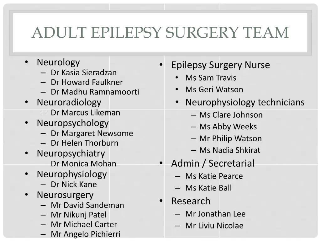 adult epilepsy surgery team