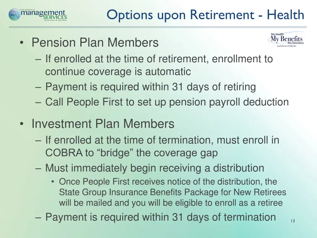 options upon retirement health
