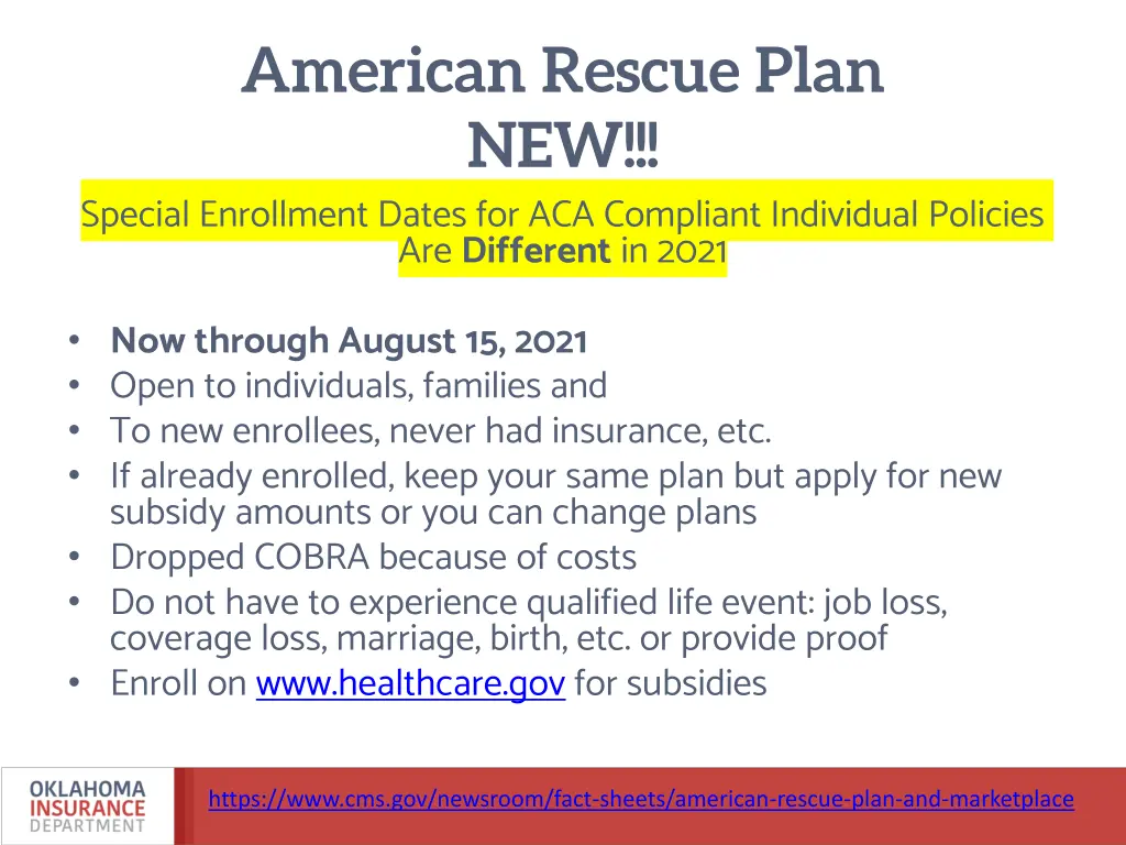 american rescue plan new special enrollment dates