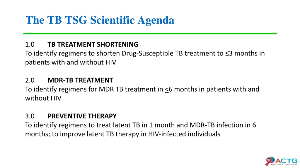 the tb tsg scientific agenda