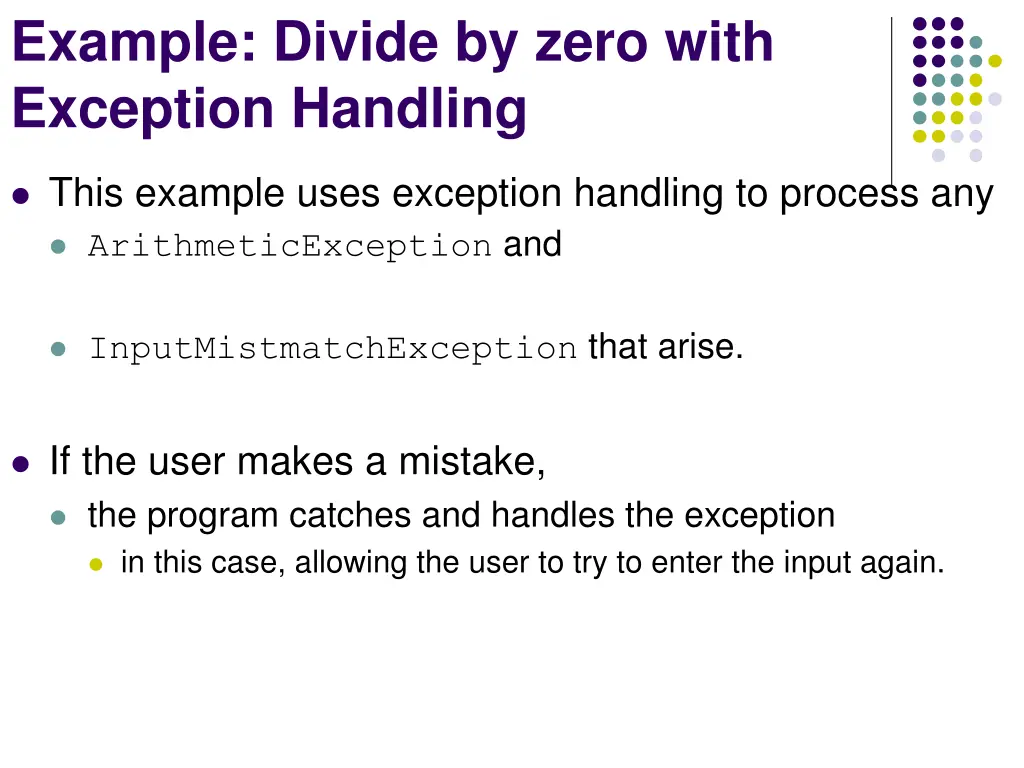 example divide by zero with exception handling