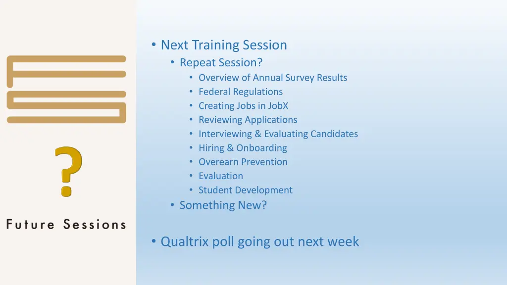 next training session repeat session overview