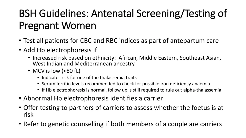 bsh guidelines antenatal screening testing