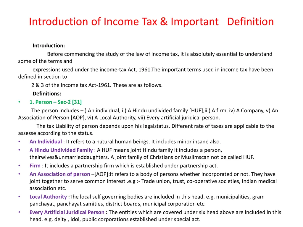 introduction of income tax important definition