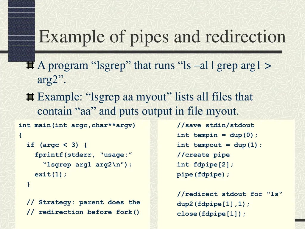 example of pipes and redirection