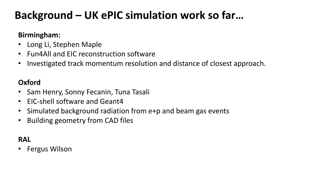 background uk epic simulation work so far