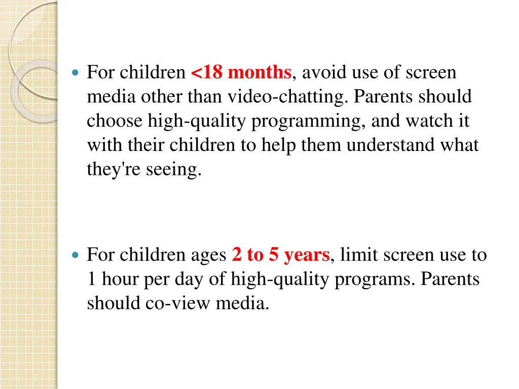 for children 18 months avoid use of screen media