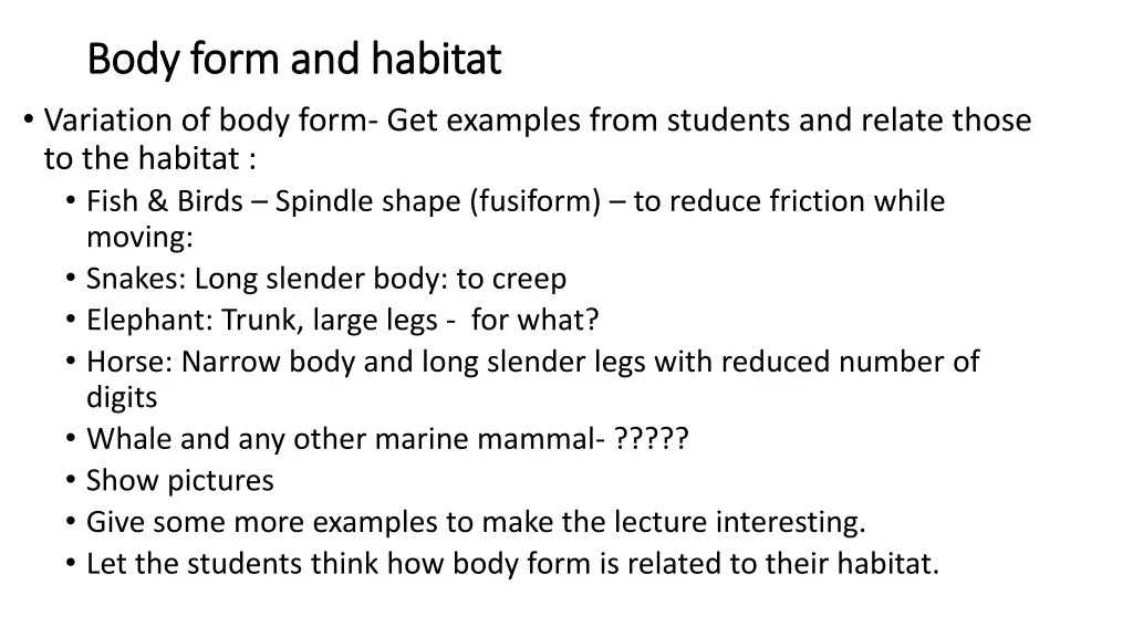 body form and habitat body form and habitat