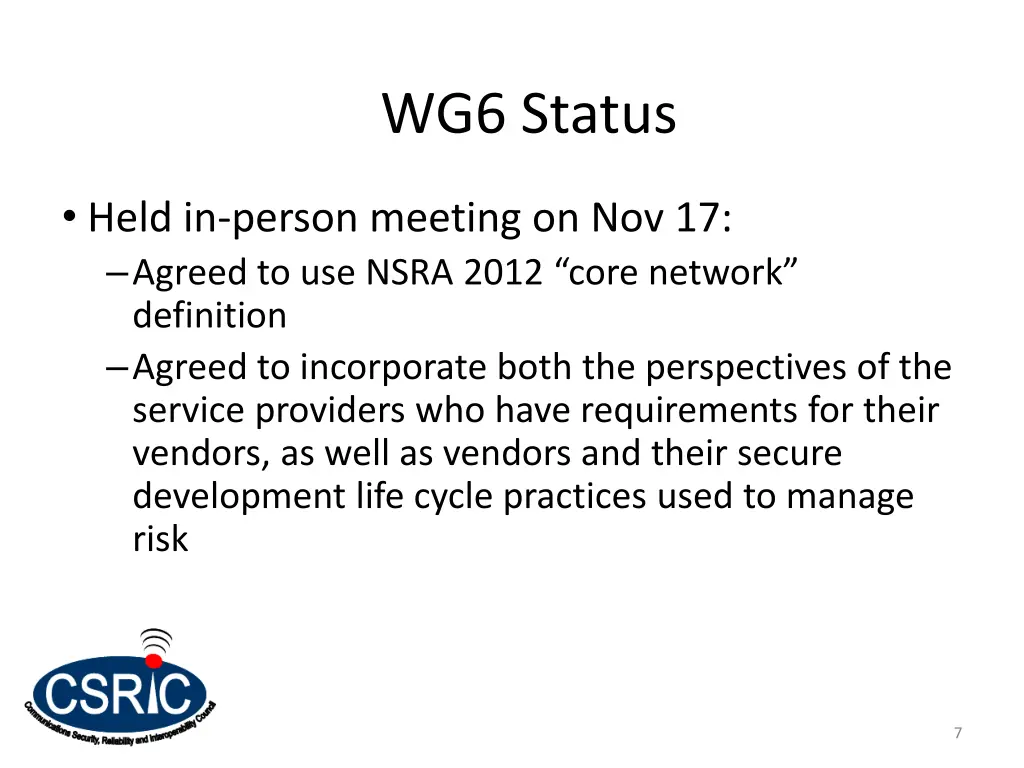 wg6 status 1