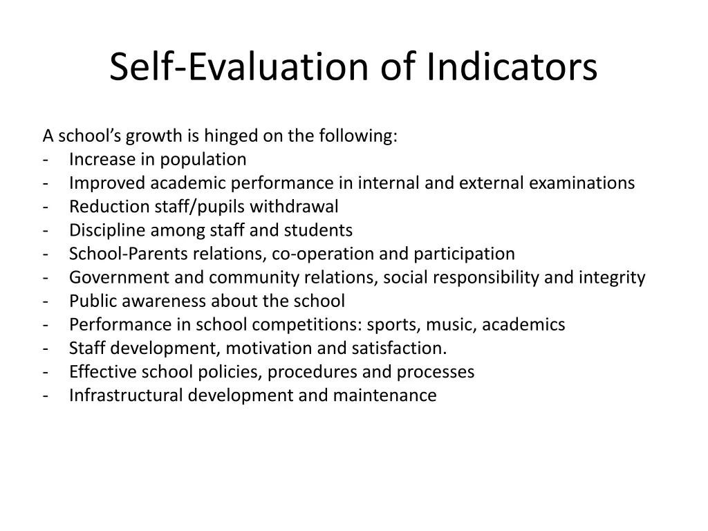 self evaluation of indicators