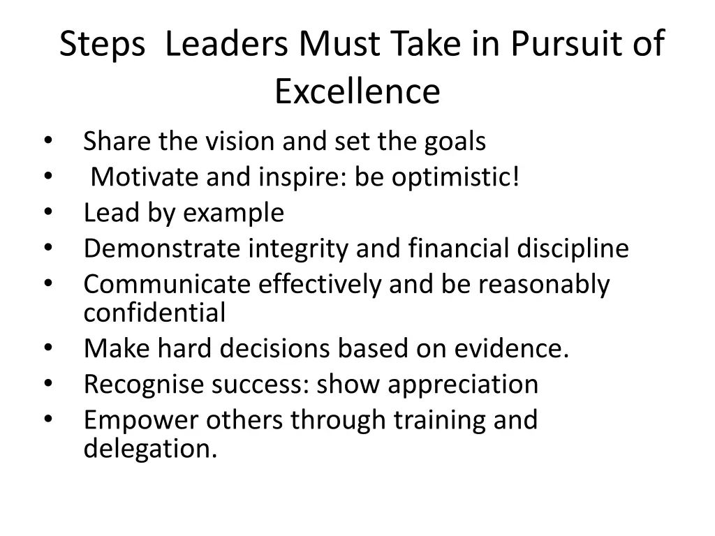 steps leaders must take in pursuit of excellence