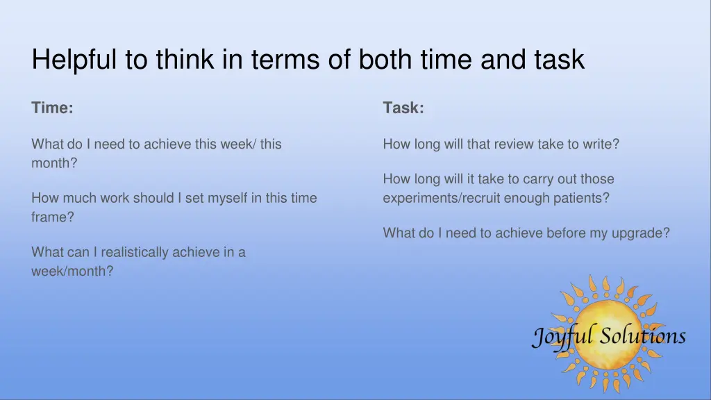 helpful to think in terms of both time and task