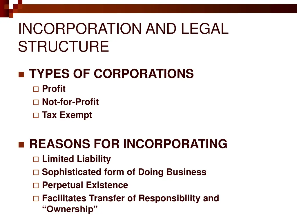 incorporation and legal structure