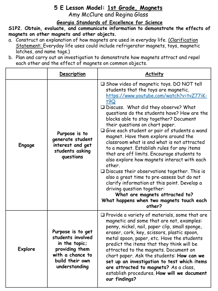 5 e lesson model 1st grade magnets amy mcclure