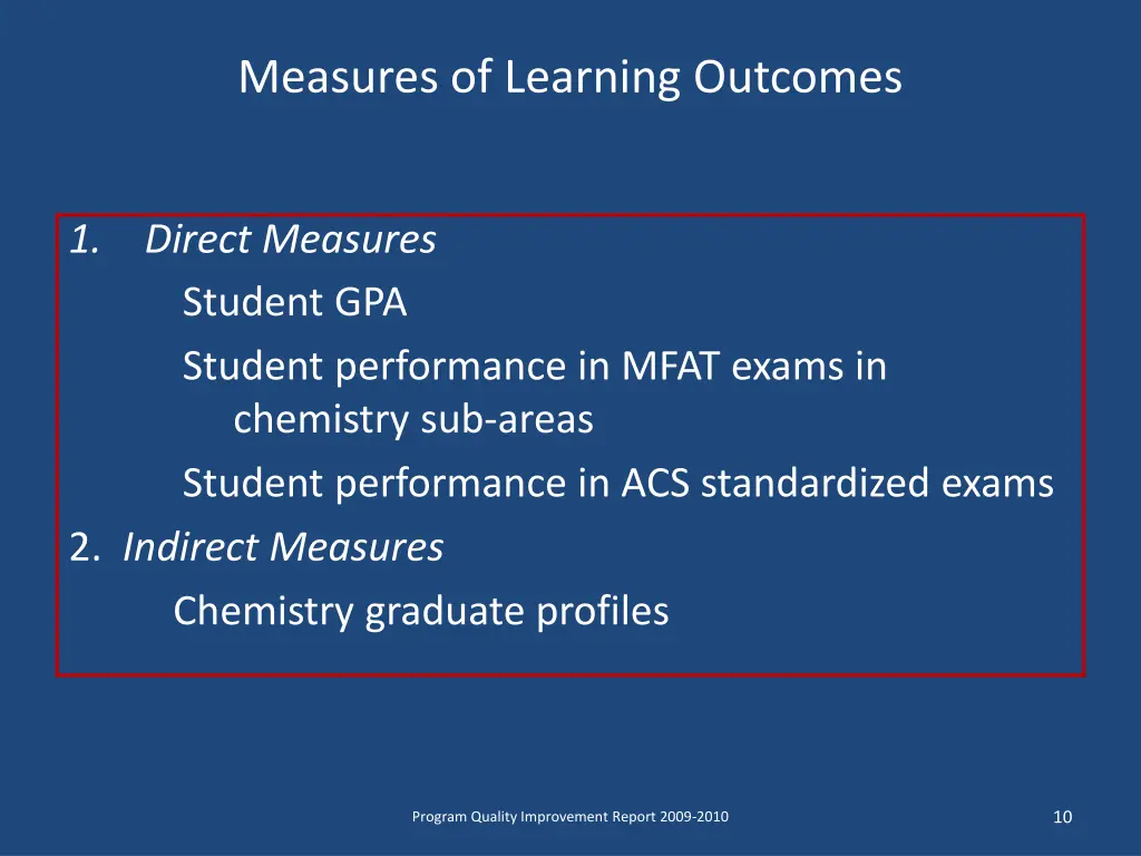 measures of learning outcomes