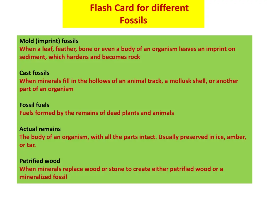 flash card for different fossils