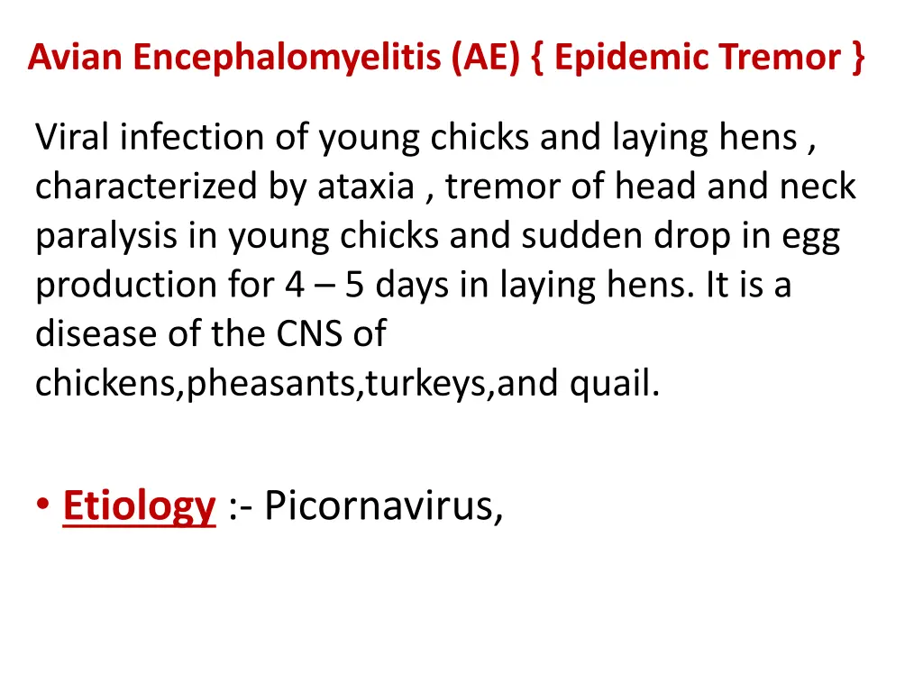 avian encephalomyelitis ae epidemic tremor