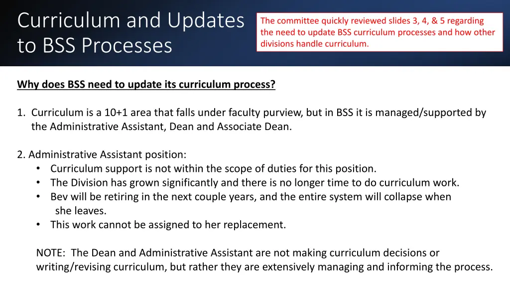 curriculum and updates to bss processes