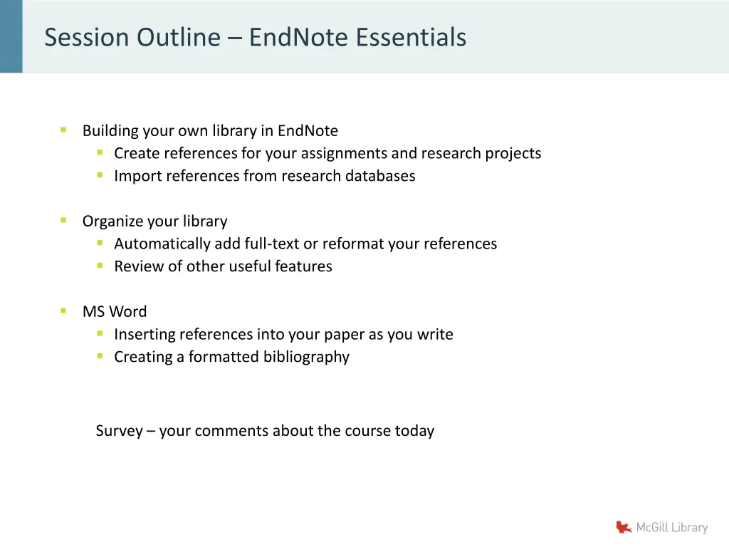 session outline endnote essentials