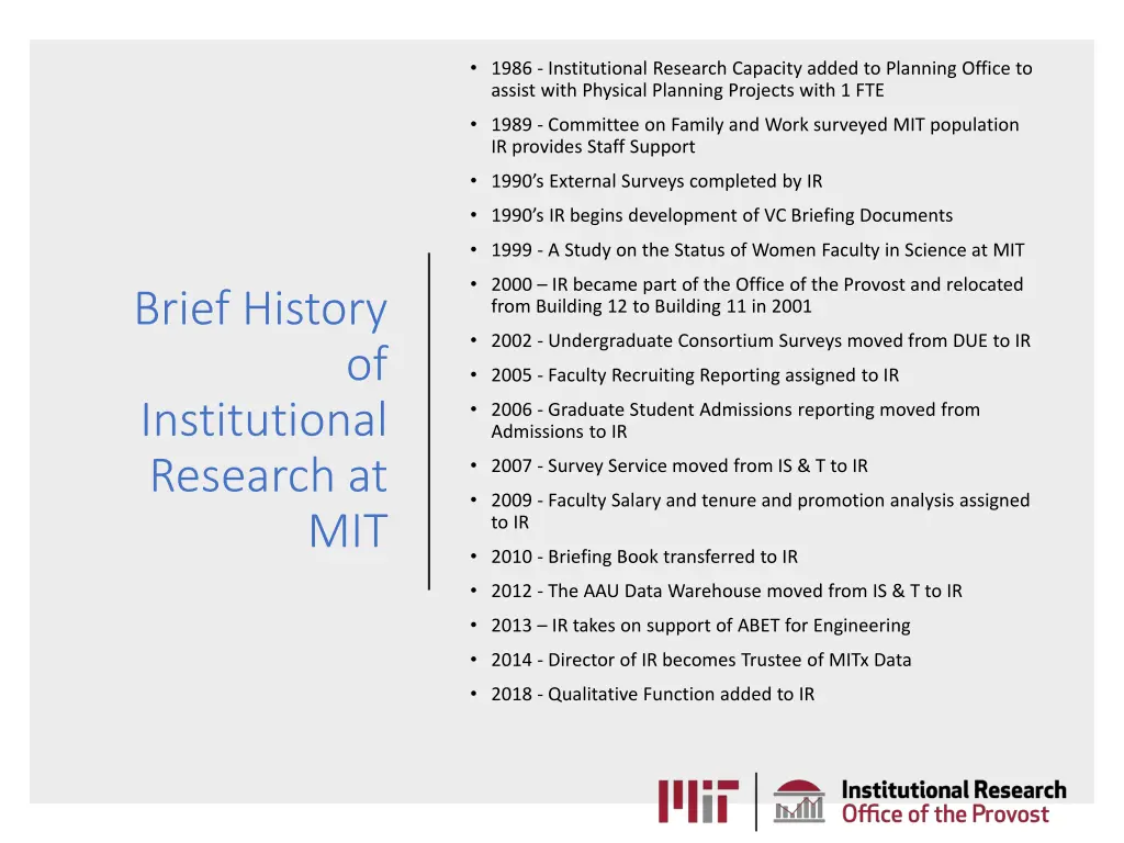 1986 institutional research capacity added