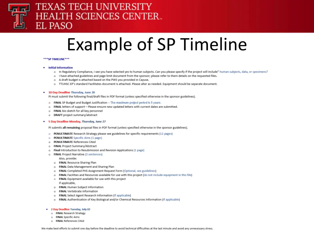 example of sp timeline