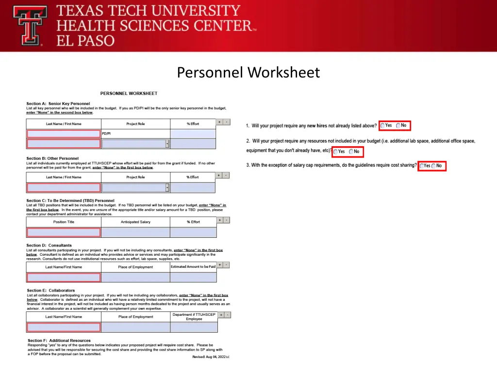 personnel worksheet