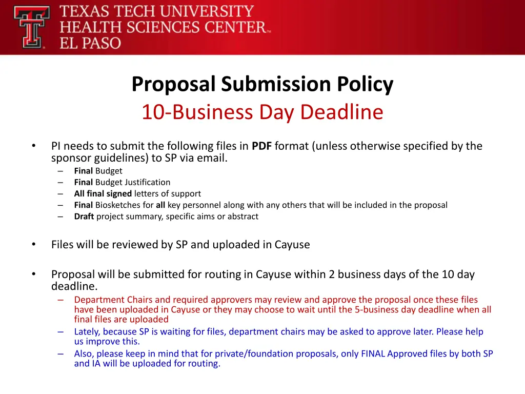 proposal submission policy 10 business