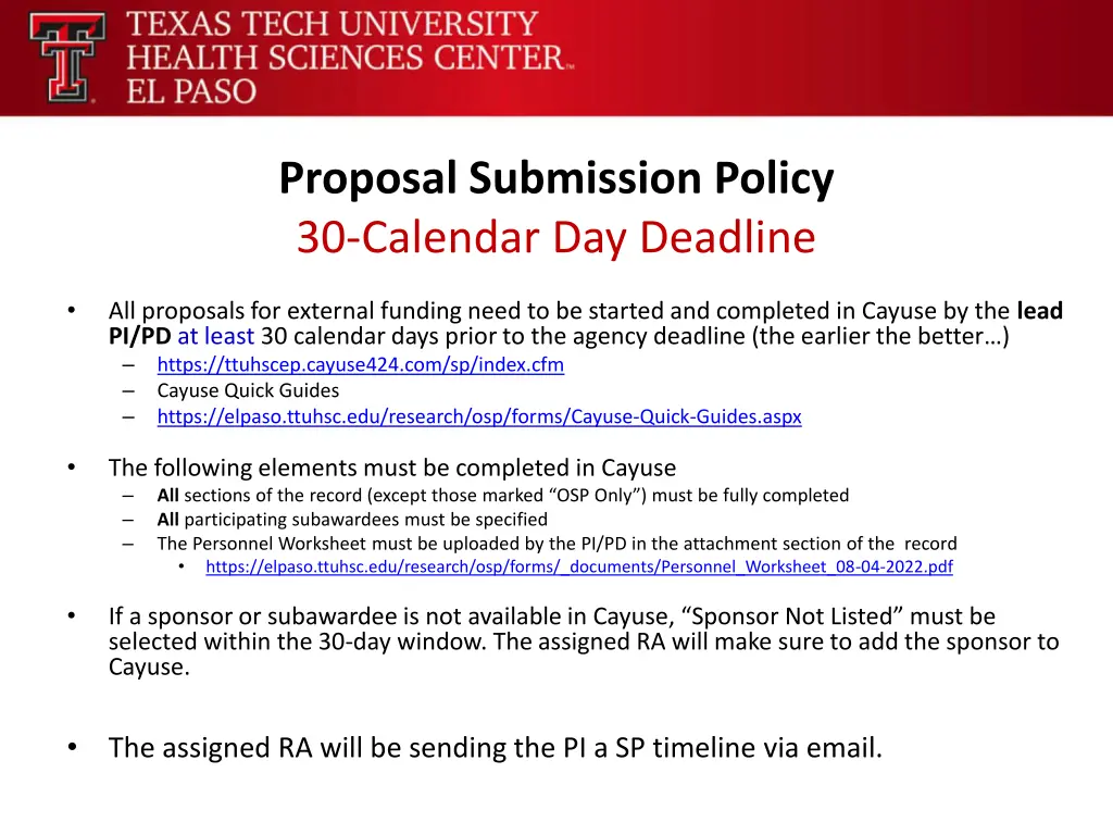 proposal submission policy 30 calendar