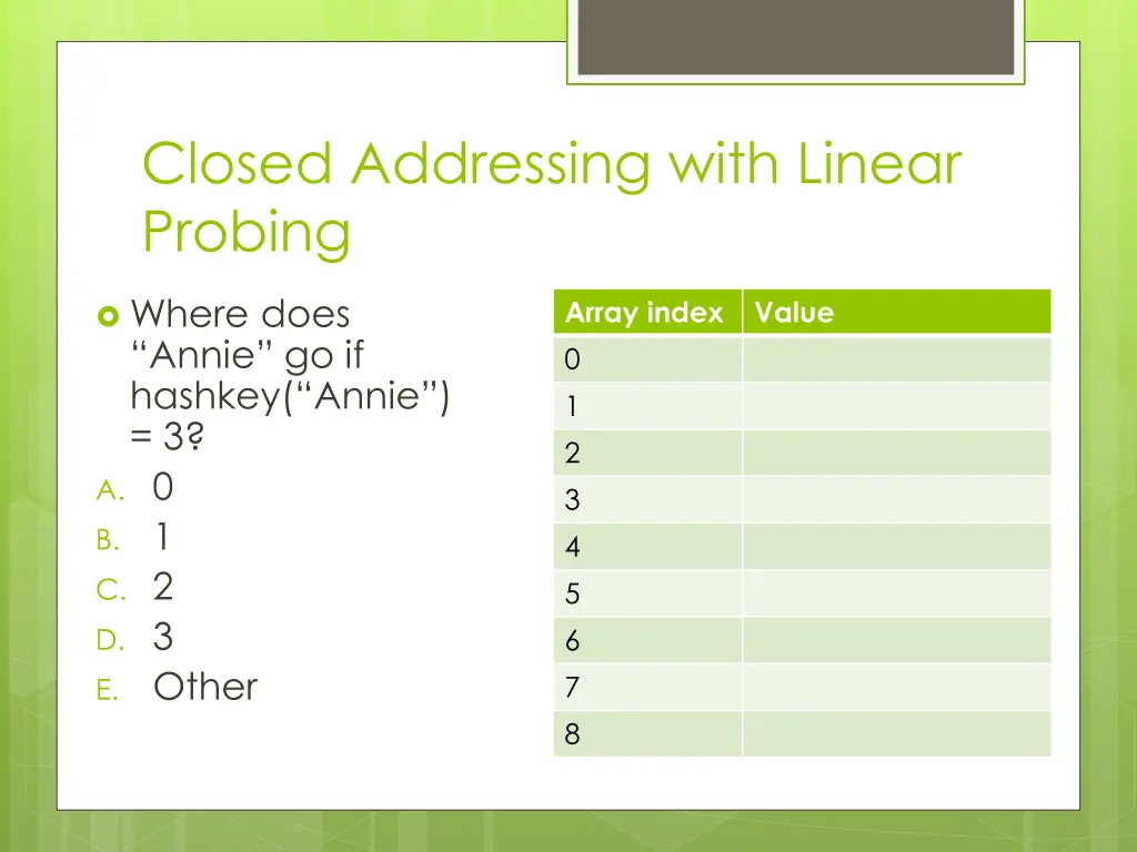 closed addressing with linear probing