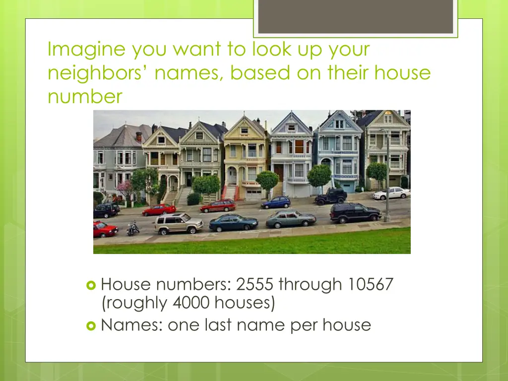 imagine you want to look up your neighbors names