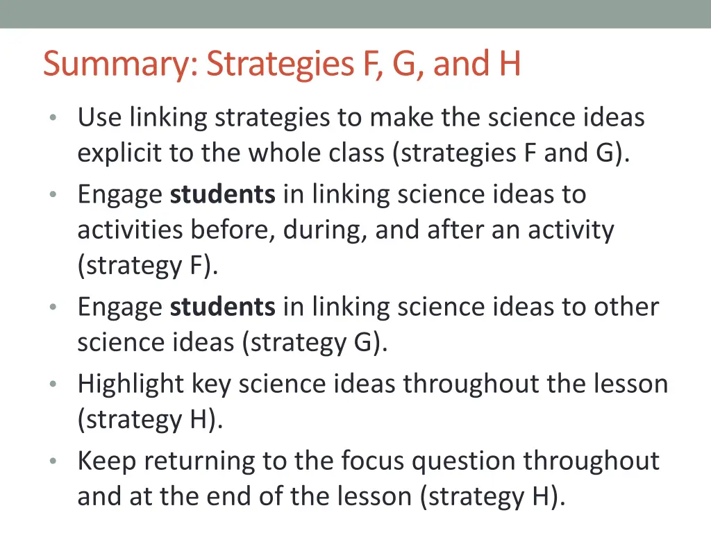 summary strategies f g and h