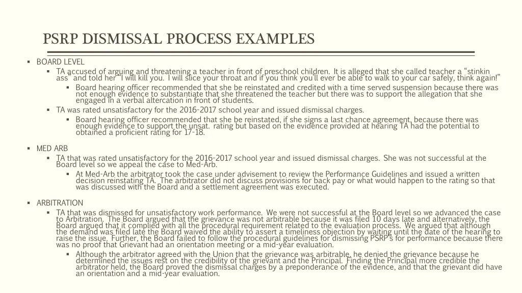 psrp dismissal process examples