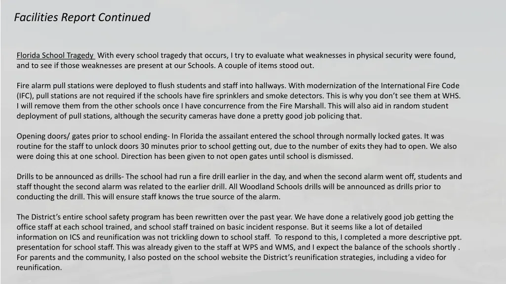 facilities report continued