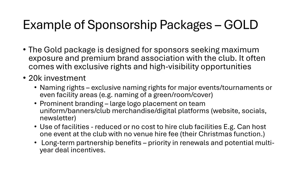 example of sponsorship packages gold