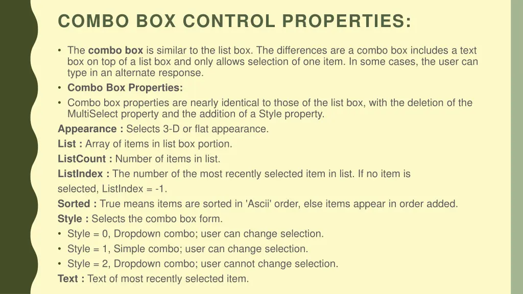combo box control properties