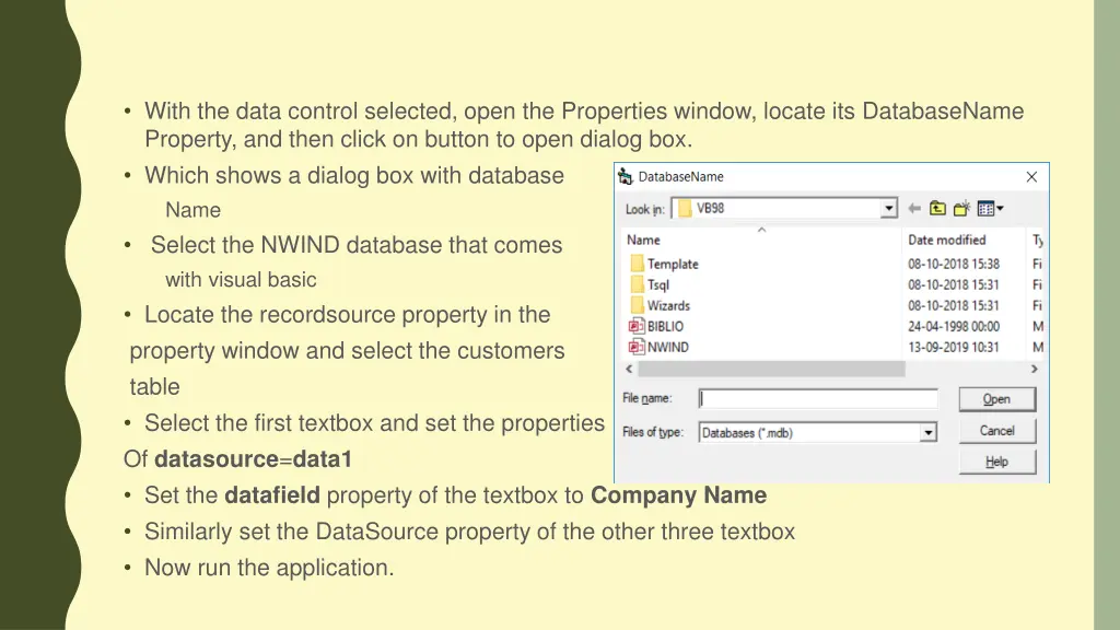 with the data control selected open