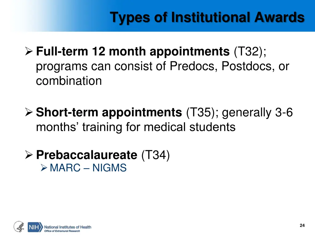 types of institutional awards